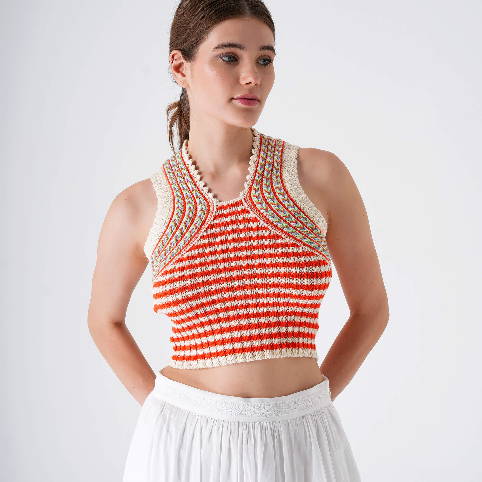 Etro - White&Coral Striped Knitted Zigzag Sleeveless Sweater